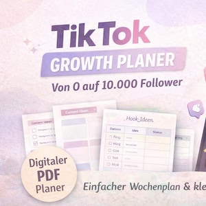 Könnte beinhalten: Ein digitaler PDF-Planer mit dem Text "TikTok GROWTH PLANER" und "Von 0 auf 10.000 Follower." Das Bild enthält ein Smartphone mit einem TikTok-Logo und mehrere Blätter mit Inhaltsideen.