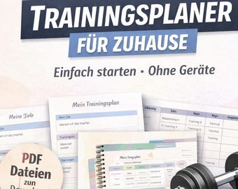 May include: An image promoting a home workout plan, featuring a dumbbell, water bottle, and workout plan pages. The text on the image reads "TRAININGSPLANER FÜR ZUHAUSE" and "PDF Dateien zum Download". The image is designed to promote fitness.