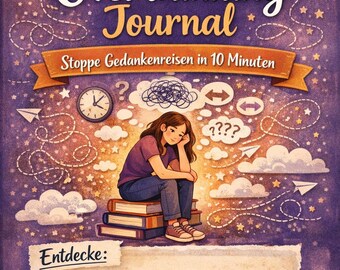 May include: A purple journal titled "Overthinking Journal" with the text "Stoppe Gedankenreisen in 10 Minuten." The cover shows a person sitting on books, surrounded by clouds, stars, and paper airplanes. The journal includes sections on tips, exercises, and affirmations.