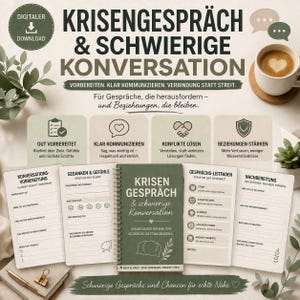 Op de afbeelding: Een digitale download van een gids getiteld "Crisisgesprekken & Moeilijke Gesprekken". De cover is groen met witte tekst. De gids bevat secties over voorbereiding, communicatie, conflictoplossing en het versterken van relaties. Een kopje koffie met een hartvorm is op de achtergrond.