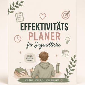 Op de afbeelding: Een planner met de titel "EFFEKTIVITÄTS PLANER für Jugendliche" in donkergroen en roze. De cover bevat illustraties van een persoon, een notitieboek, een waterfles en andere iconen. De tekst "DEIN PLAN. DEINE ZIELE. DEINE ZUKUNFT." is ook zichtbaar.