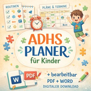 Könnte beinhalten: Ein digitaler Planer für Kinder mit ADHS, mit einem farbenfrohen Design. Das Bild enthält einen Kalender, einen Wecker und den Text "ADHS PLANER für Kinder". Ebenfalls enthalten sind PDF- und Word-Dateisymbole und ein Bleistift.