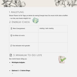 Puede incluir: Un planificador blanco con el texto "Low Energy Planer" e ilustraciones florales. El planificador incluye secciones para los niveles de energ&iacute;a, los sentimientos y una lista de tareas m&iacute;nima. El texto est&aacute; en alem&aacute;n.