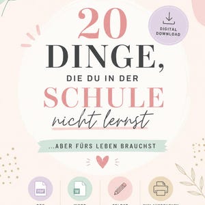Può includere: Un quaderno di lavoro digitale con il titolo "20 cose che non impari a scuola" in nero e rosa. La copertina include icone per PDF, Word, file modificabili e stampa. Dice anche "Download digitale".