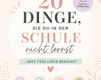 May include: A digital workbook titled "20 Things You Don't Learn in School" in black and pink. The cover features icons for PDF, Word, editable files, and printing. It also says "Digital Download."
