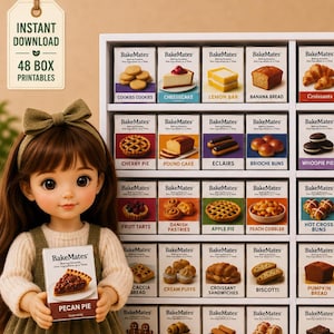 May include: A white shelving unit filled with 48 miniature BakeMates baking mix boxes, each featuring a different dessert illustration and label. A doll holds a single miniature box labeled Pecan Pie. A tag reads Instant Download 48 Box Printables.