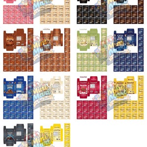 Paket med 30 utskrivbara miniatyrchokladaskar | Chokladförpackningar för dockhus | Utskrivbar PDF i skala 1/6 och 1/12 | Mini-godisförpackningar