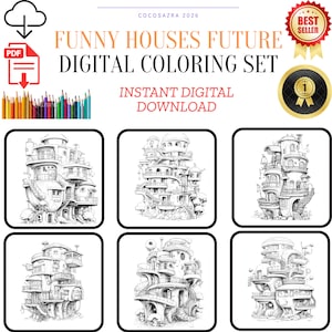 May include: Digital coloring set featuring whimsical, futuristic house designs. The image includes the text "FUNNY HOUSES FUTURE DIGITAL COLORING SET" and "INSTANT DIGITAL DOWNLOAD". A "Best Seller" ribbon and a "1st Place" badge are also visible.