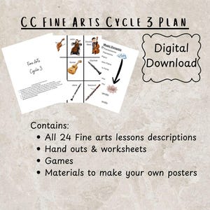 Könnte beinhalten: Ein digitaler Download mit dem Titel "CC Fine Arts Cycle 3 Plan". Das Bild enthält Beschreibungen von Lektionen, Arbeitsblätter und Spiele. Der Plan zeigt Illustrationen von Musikinstrumenten wie Cello, Gitarre und Klarinette.