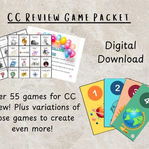 Puede incluir: Un paquete de juegos digitales con el texto "CC REVIEW GAME PACKET". La imagen muestra tarjetas de juego con números, asignaturas como matemáticas e historia, y el texto "Digital Download". La descripción también incluye el texto "Over 55 games for CC review!"