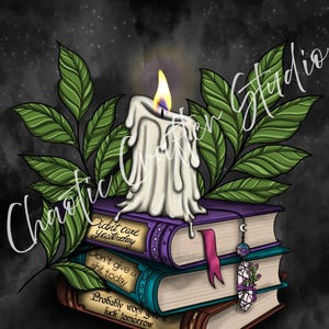 Ilustración de una pila de libros con velas