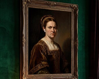 AirPods Lady Painting, Renaissance Portrait Art Print, Funny Classical Art, Satirical, Dark Humor Poster