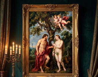 Adam and Eve Art Print, Funny Renaissance, Texting, Garden of Eden Satire, Dark Humor
