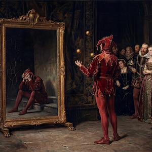 Puede incluir: Una pintura de estilo renacentista representa a un bufón con un traje de terciopelo rojo haciendo malabarismos con bolas doradas frente a un grupo de espectadores. Un gran espejo ornamentado refleja al bufón, sentado y abatido. La escena se desarrolla en un gran salón.