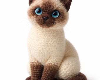 Patrón de ganchillo realista de gato siamés, tutorial de amigurumi de ojos azules (descarga en PDF)