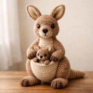 Puede incluir: Un canguro y su cría de ganchillo en tonos marrones. El canguro más grande tiene una bolsa que contiene una cría más pequeña. Ambos tienen ojos negros y están hechos de hilo, creando una apariencia suave y texturizada. El canguro es un artículo hecho a mano.