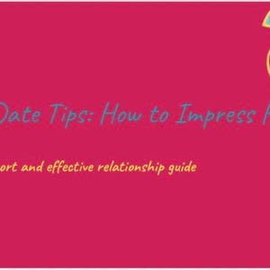 Może przedstawiać: Różowe tło z tekstem "First Date Tips: How to Impress Him" w kolorze morskim. Obraz zawiera ilustracje babeczki, wiśni, prezentu i koperty z sercem.