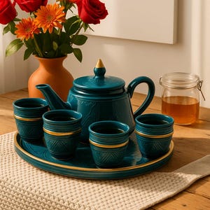 Servizio da tè in ceramica marocchina / Teal Bleu Majorelle / Teiera + 4 tazze + vassoio / Fatto a mano