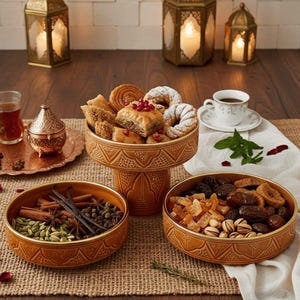 Op de afbeelding: Een opstelling van Midden-Oosterse lekkernijen in decoratieve bruine kommen. De kommen zijn gevuld met gebak, gedroogd fruit, noten en kruiden. Een kopje koffie, thee en decoratieve lantaarns maken de scène compleet.