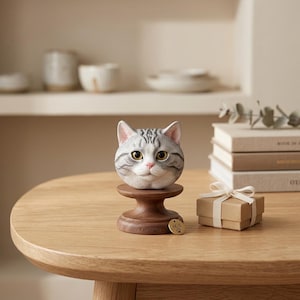 May include: A detailed cat head sculpture with grey and white stripes, set on a dark wooden stand. The sculpture has realistic features and sits on a round wooden base. A small gift box with a white ribbon is next to the sculpture.