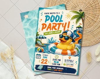 Invito per festa in piscina a tema "Party Dude", invito per festa di compleanno estiva in piscina, modello Canva modificabile a tema anatra.