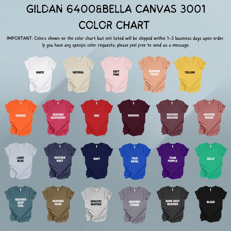 Op de afbeelding: Kleurenkaart met Gildan 6400 & Bella Canvas 3001 t-shirts in diverse kleuren. Kleuren zijn onder meer wit, naturel, zachtroze, heather perzik, geel, oranje, heather framboos, rood, kastanjebruin, lichtblauw, heather marine, marine, koningsblauw, team paars, kelly, heather diep teal, heather olijf, athletic heather, heather storm, heather kastanjebruin, heather mauve, donkergrijze heather en zwart.