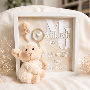 May include: A white framed nursery art piece with a plush sheep toy and decorative elements. The artwork includes the name "Mikayla Joy", birth details: 8lb 14oz, 54 cm, 03:08 pm, May 21, 2026.