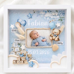 May include: A framed baby keepsake with a photo of a newborn baby in a blue onesie. The frame includes the baby's name, birth date, time, length (55cm), and weight (4002g), along with decorative elements like balloons, stars, and a teddy bear.