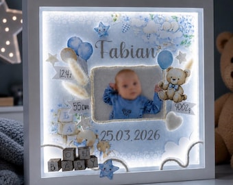 Cornice portafoto a LED per neonati, decorazione luminosa per la cameretta, ricordo personalizzato con i dati di nascita, regalo per neonati
