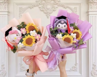 Ramo de graduación de peluche kawaii inspirado en Kitty Kuromi. Lindo ramo de flores, regalo de graduación de anime, regalo de cumpleaños para niñas.