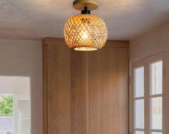 Bambus gewebt Deckenleuchte Boho Rattan Lampe Unterputz Naturholz Beleuchtung Japandi Deckenleuchte Rustikale Wohnkultur