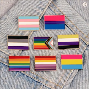 Op de afbeelding: Een verzameling rechthoekige emaille pins met verschillende LGBTQ+ pride vlaggen. Elke pin heeft een gouden rand en toont een ander vlagontwerp, waaronder transgender, biseksueel, aseksueel en panseksueel vlaggen. De pins zijn geplaatst op een denim achtergrond.