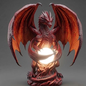 May include: A red dragon sculpture with outstretched wings, holding a glowing orb. The dragon has detailed scales and horns, with a fiery red and orange color scheme. The sculpture is a fantasy-themed decorative item.