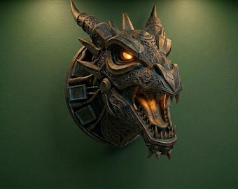 Máscara de aplique de pared de dragón, lámpara con cabeza de dragón impresa en 3D, decoración gótica fantástica para el hogar, regalo de D&D