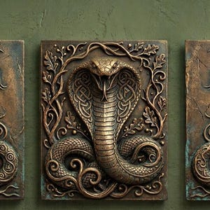 Trittico murale con cobra stampato in 3D – Pannelli in rilievo gotico con serpente (250 mm)