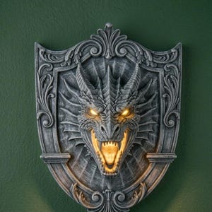 Dragon Shield Wall Sconce | LED Fantasy Dragon Head Light, Gamer Decor