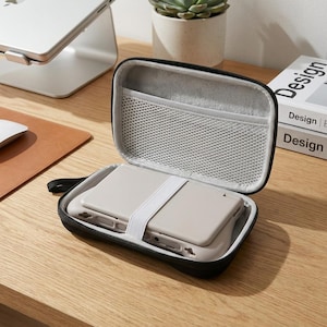 Könnte beinhalten: Geöffnete schwarze Reißverschlusstasche mit grauem Innenraum, in der sich zwei beige elektronische Geräte befinden, die von einem weißen Riemen gehalten werden. Die Tasche hat eine Netztasche und liegt auf einer Holzoberfläche.