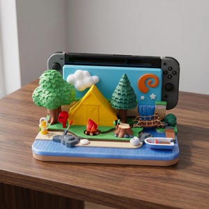 May include: A decorative Nintendo Switch dock featuring a miniature campsite scene. The scene includes a yellow tent, trees, a waterfall, and a small boat. The dock is designed to hold a gray Nintendo Switch console.