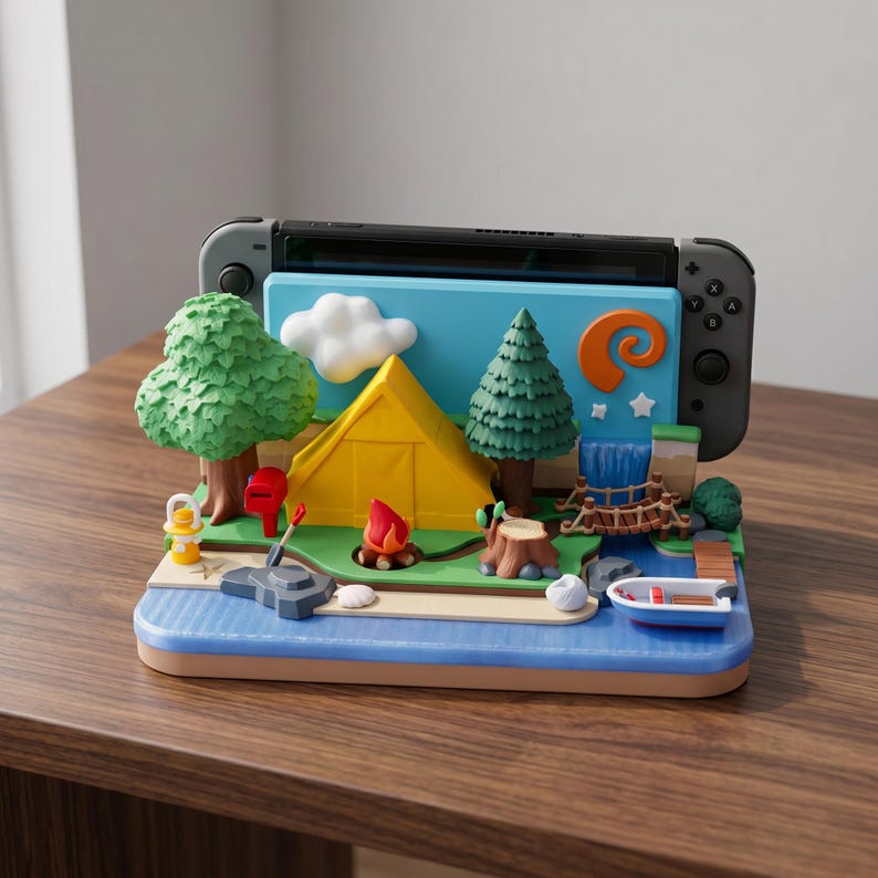 May include: A decorative Nintendo Switch dock featuring a miniature campsite scene. The scene includes a yellow tent, trees, a waterfall, and a small boat. The dock is designed to hold a gray Nintendo Switch console.