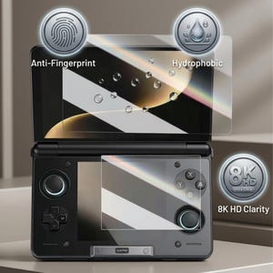 May include: A black handheld gaming device with a screen protector applied. The screen protector features the text "Anti-Fingerprint", "Hydrophobic", and "8K HD Clarity". The device has buttons and a directional pad.