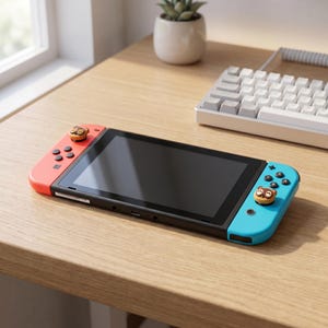 Op de afbeelding: Een zwarte Nintendo Switch-console met rode en blauwe controllers. De controllers hebben bruine duimgrepen met dierenthema. De console staat op een lichtbruin houten oppervlak, met een wit toetsenbord en een kleine plant in een pot op de achtergrond.