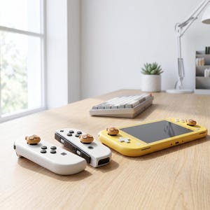 Op de afbeelding: Een gele handheld gameconsole en twee witte en zwarte gamecontrollers met bruine duimgrepen met een karakterthema. Een grijs toetsenbord ligt op de achtergrond op een houten oppervlak. Een kleine vetplant is ook zichtbaar.