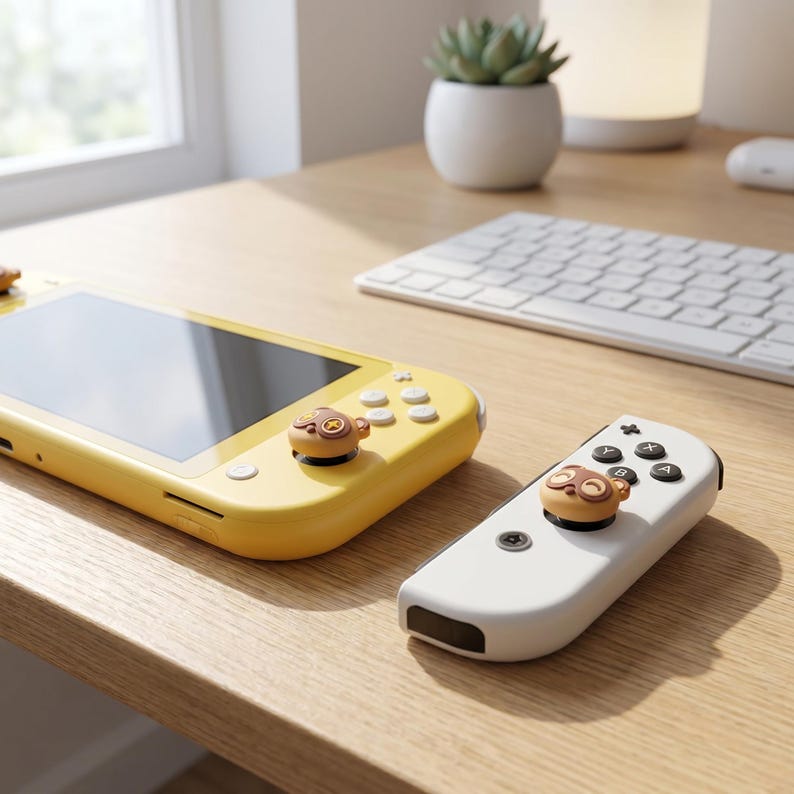 Op de afbeelding: Een gele handheld gameconsole en een witte controller, beide met bruine joystickhoezen met apenmotief. De console en controller liggen op een licht houten oppervlak, met een toetsenbord en een kleine plant op de achtergrond.