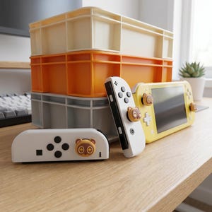 Op de afbeelding: Een gele en witte Nintendo Switch Lite console en controllers met een cartoon berenontwerp. De controllers zijn wit en zwart. Gestapelde plastic opbergbakken in cr&egrave;me, oranje en grijs staan op de achtergrond.
