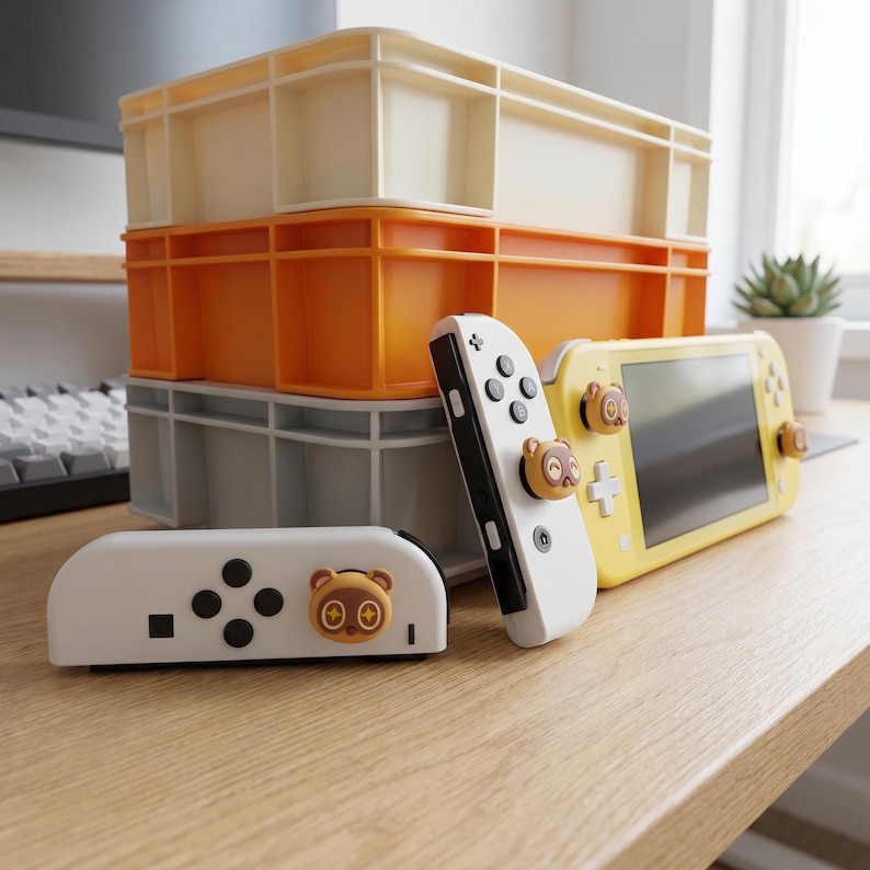 Op de afbeelding: Een gele en witte Nintendo Switch Lite console en controllers met een cartoon berenontwerp. De controllers zijn wit en zwart. Gestapelde plastic opbergbakken in cr&egrave;me, oranje en grijs staan op de achtergrond.