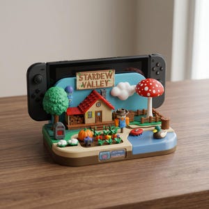 May include: A decorative Nintendo Switch dock featuring a miniature Stardew Valley scene. The scene includes a house, crops, a mushroom, and a lake. The dock is brown, blue, and green, with the game's logo displayed.