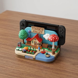 May include: A decorative Switch dock featuring a miniature Stardew Valley scene. The scene includes a house, crops, a mushroom, and a pond with a duck. The dock is designed to hold a Nintendo Switch console, with the game title displayed.