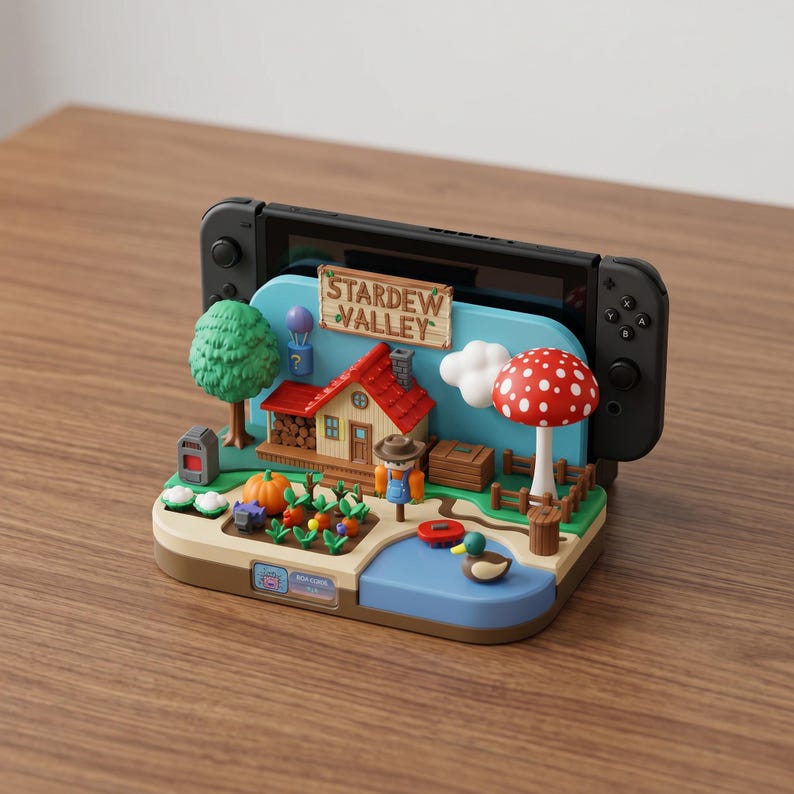 May include: A decorative Switch dock featuring a miniature Stardew Valley scene. The scene includes a house, crops, a mushroom, and a pond with a duck. The dock is designed to hold a Nintendo Switch console, with the game title displayed.