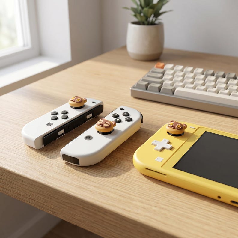 Op de afbeelding: Een gele Nintendo Switch Lite-console en twee witte controllers met bruine en tan duimgrepen met apen-thema worden getoond op een houten oppervlak. Een toetsenbord en een kleine plant in een pot zijn ook zichtbaar.