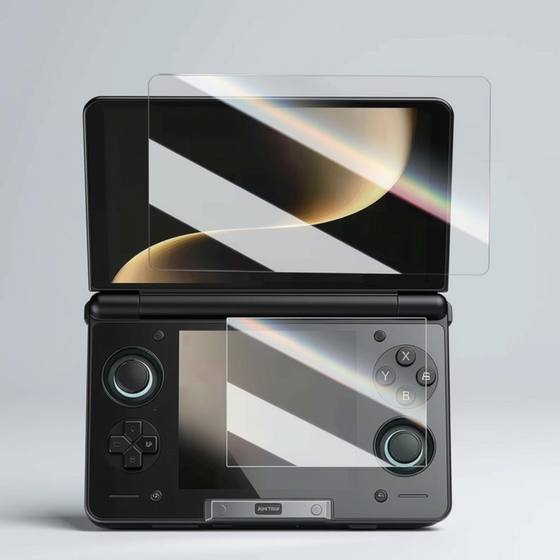 May include: A black handheld gaming console with a protective screen cover. The console features a dual-screen design, with a top screen displaying a colorful abstract image. The bottom screen has a clear screen protector applied.